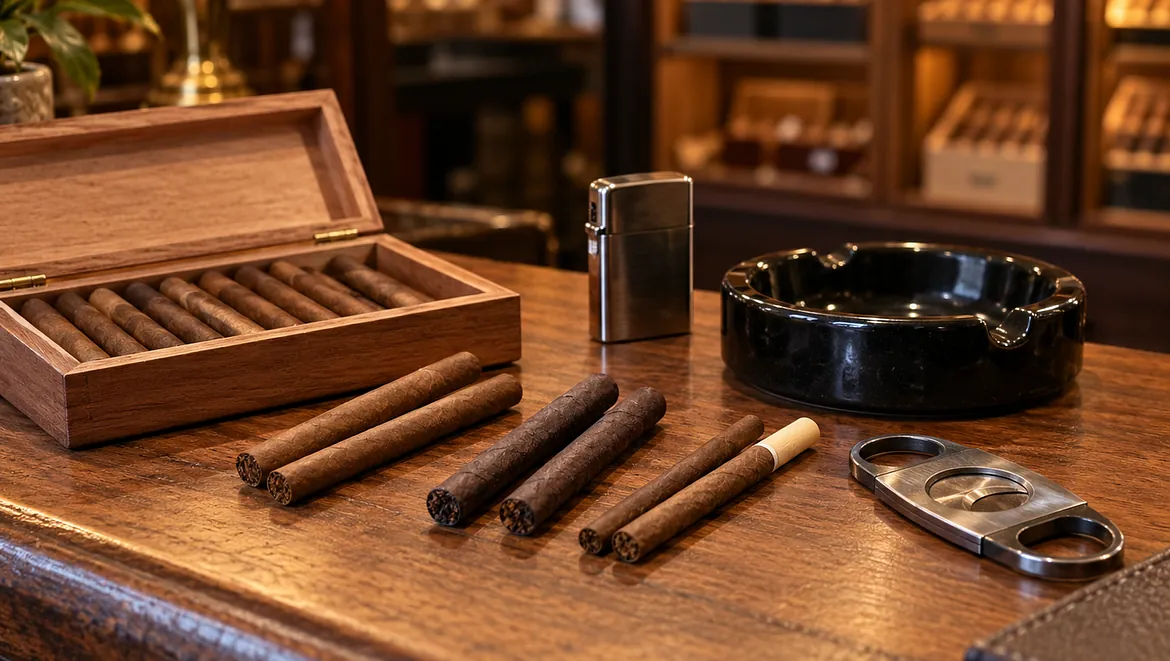 igariller med tändare, askkopp och cigarrsnoppare på ett träbord